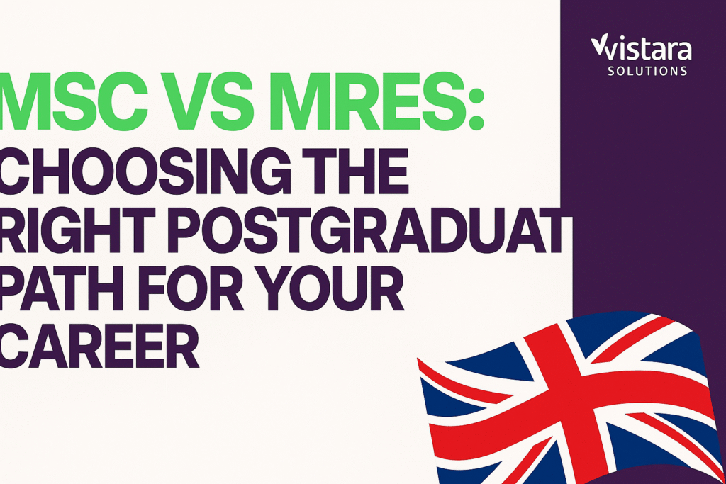 Website banner by Vistara Solutions with the headline “MSc vs MRes: Choosing the Right Postgraduate Path for Your Career,” displayed in green and purple text on a white background, featuring the Vistara logo on a purple panel and a stylized UK flag at the bottom right.